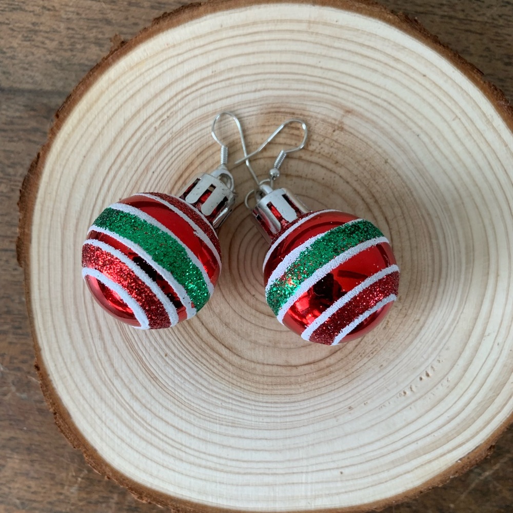 Retro Shiny Red with Green Stripe Round Christmas Ball Ornament Dangle Earrings